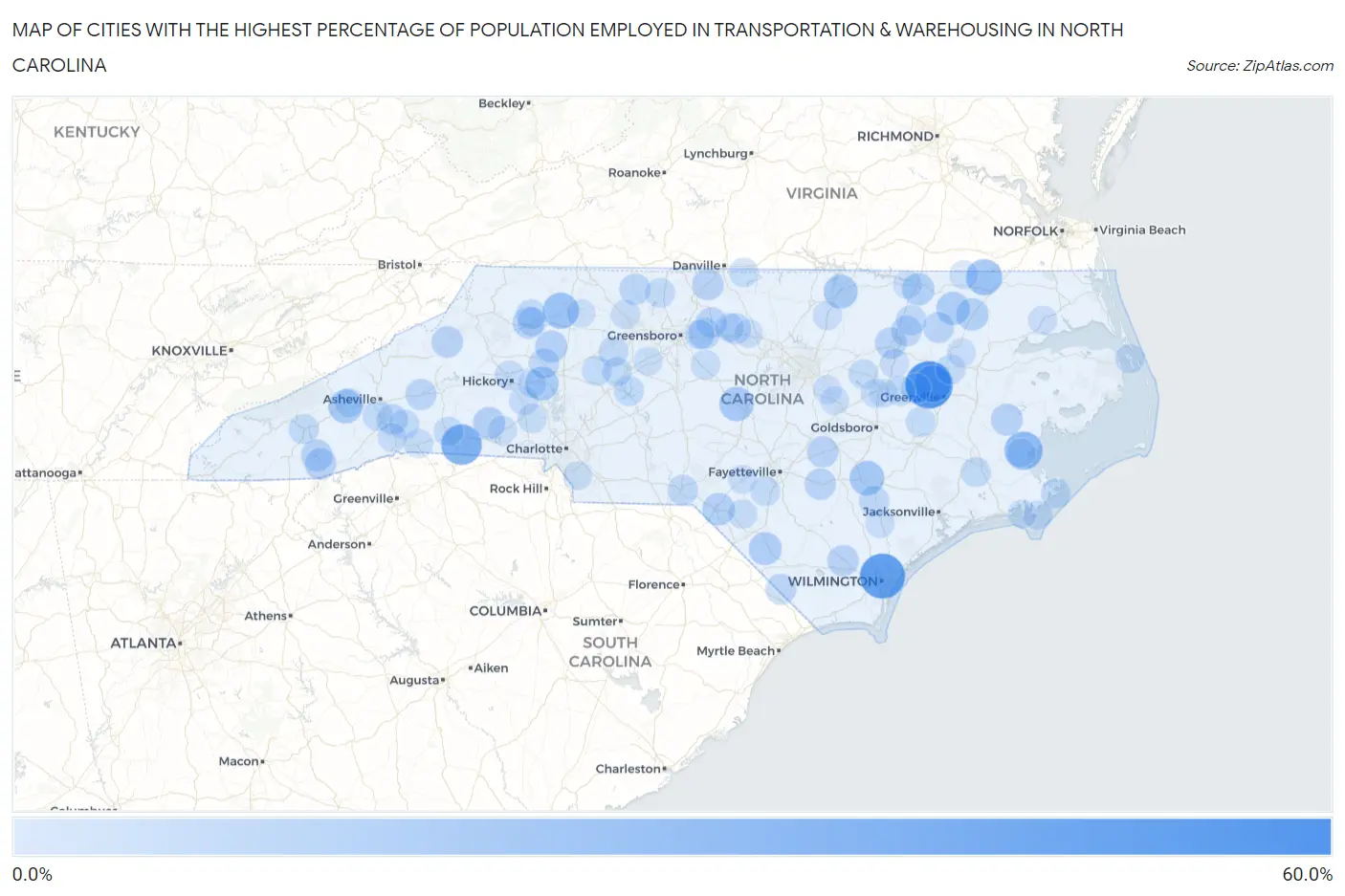 Cities with the Highest Percentage of Population Employed in Transportation & Warehousing in North Carolina Map