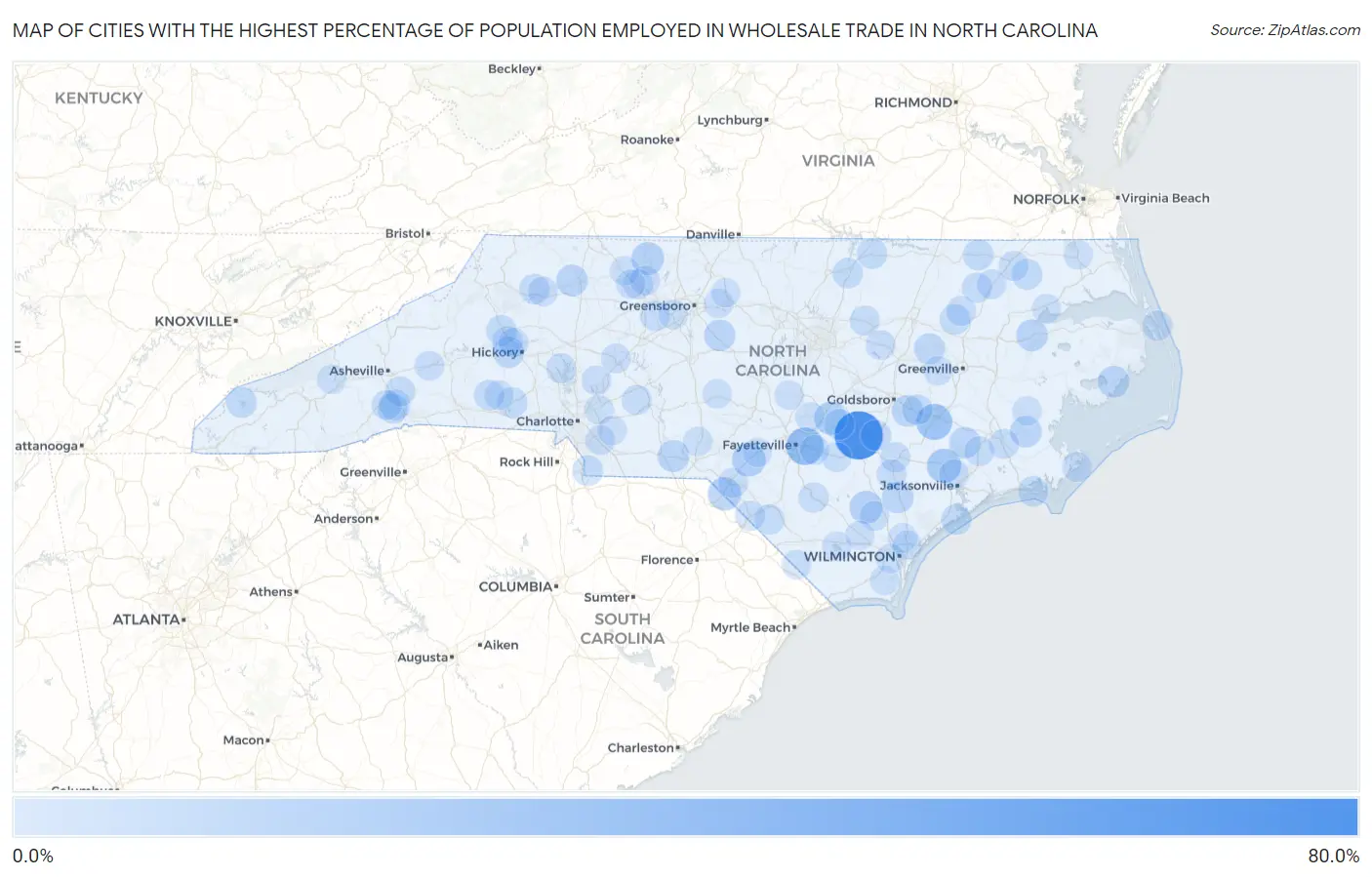 Cities with the Highest Percentage of Population Employed in Wholesale Trade in North Carolina Map