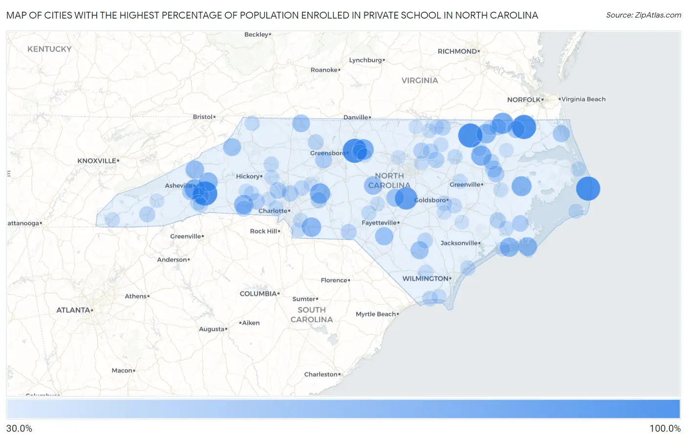 Cities with the Highest Percentage of Population Enrolled in Private School in North Carolina Map