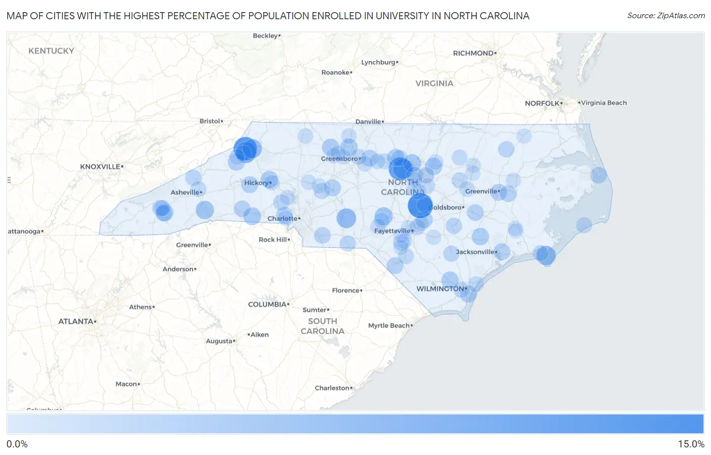 Cities with the Highest Percentage of Population Enrolled in University in North Carolina Map