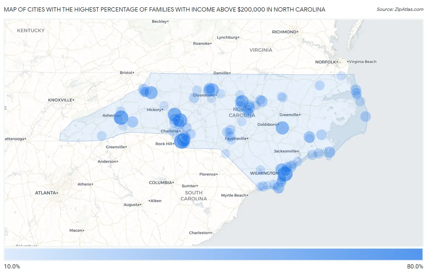 Cities with the Highest Percentage of Families with Income Above $200,000 in North Carolina Map