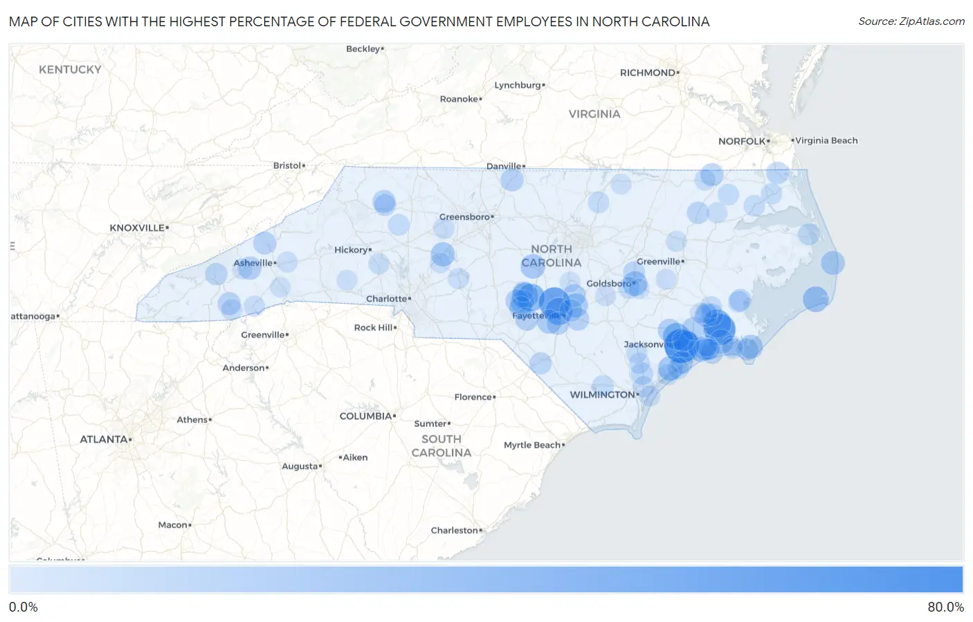 Cities with the Highest Percentage of Federal Government Employees in North Carolina Map