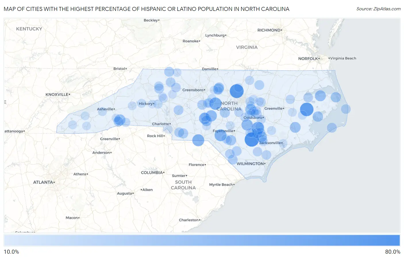 Cities with the Highest Percentage of Hispanic or Latino Population in North Carolina Map