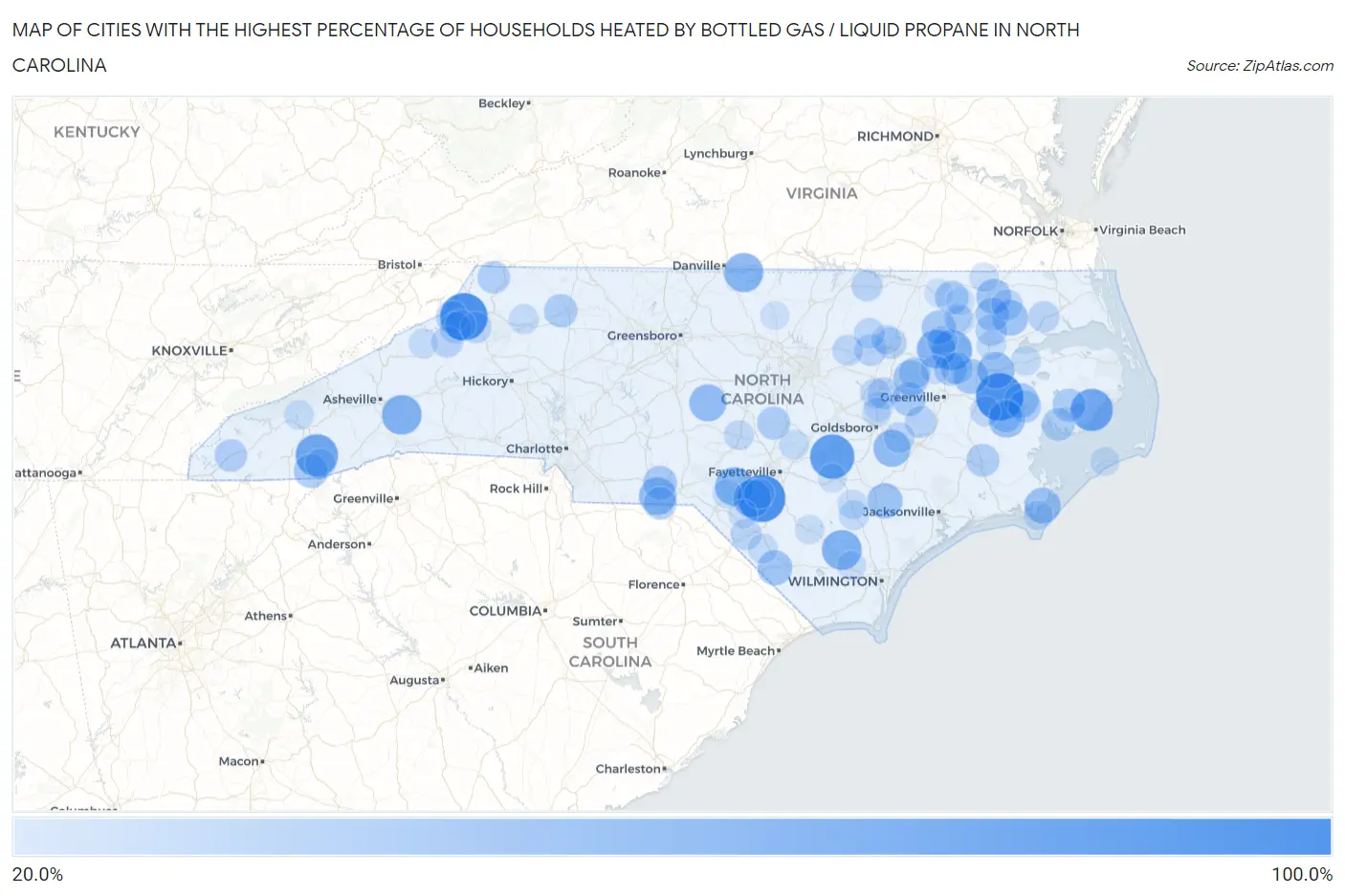 Cities with the Highest Percentage of Households Heated by Bottled Gas / Liquid Propane in North Carolina Map