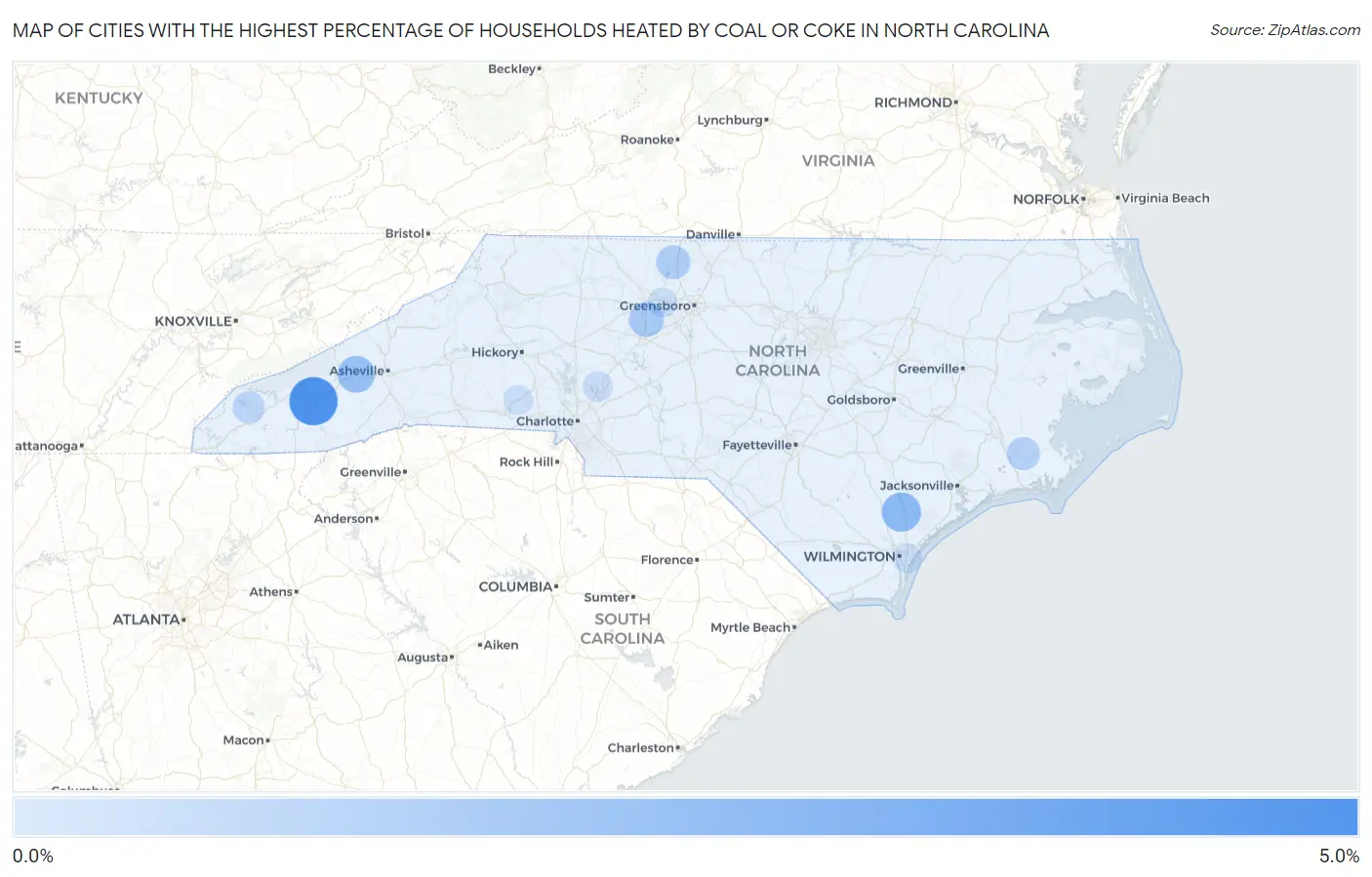 Cities with the Highest Percentage of Households Heated by Coal or Coke in North Carolina Map