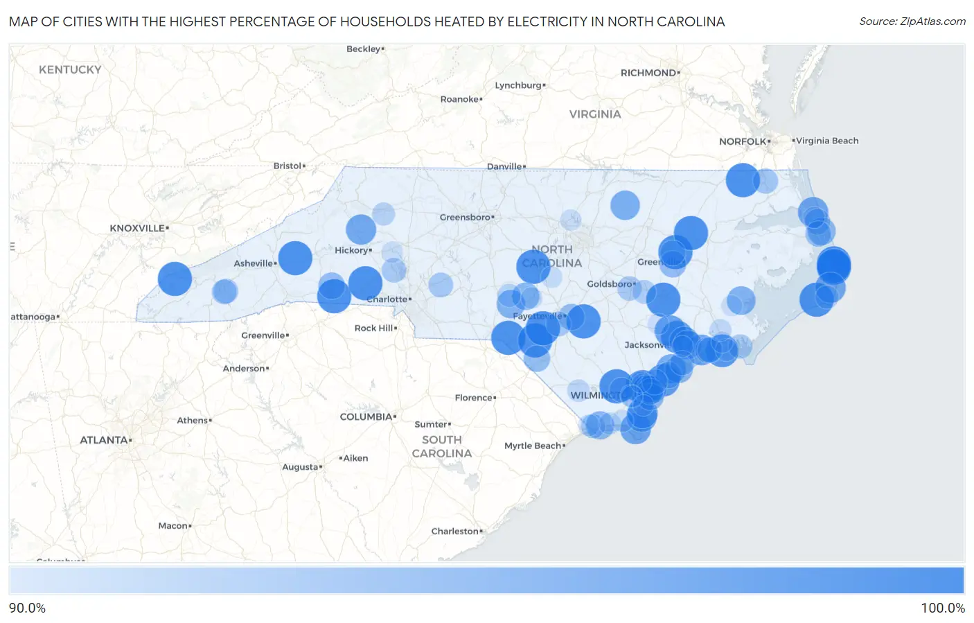 Cities with the Highest Percentage of Households Heated by Electricity in North Carolina Map