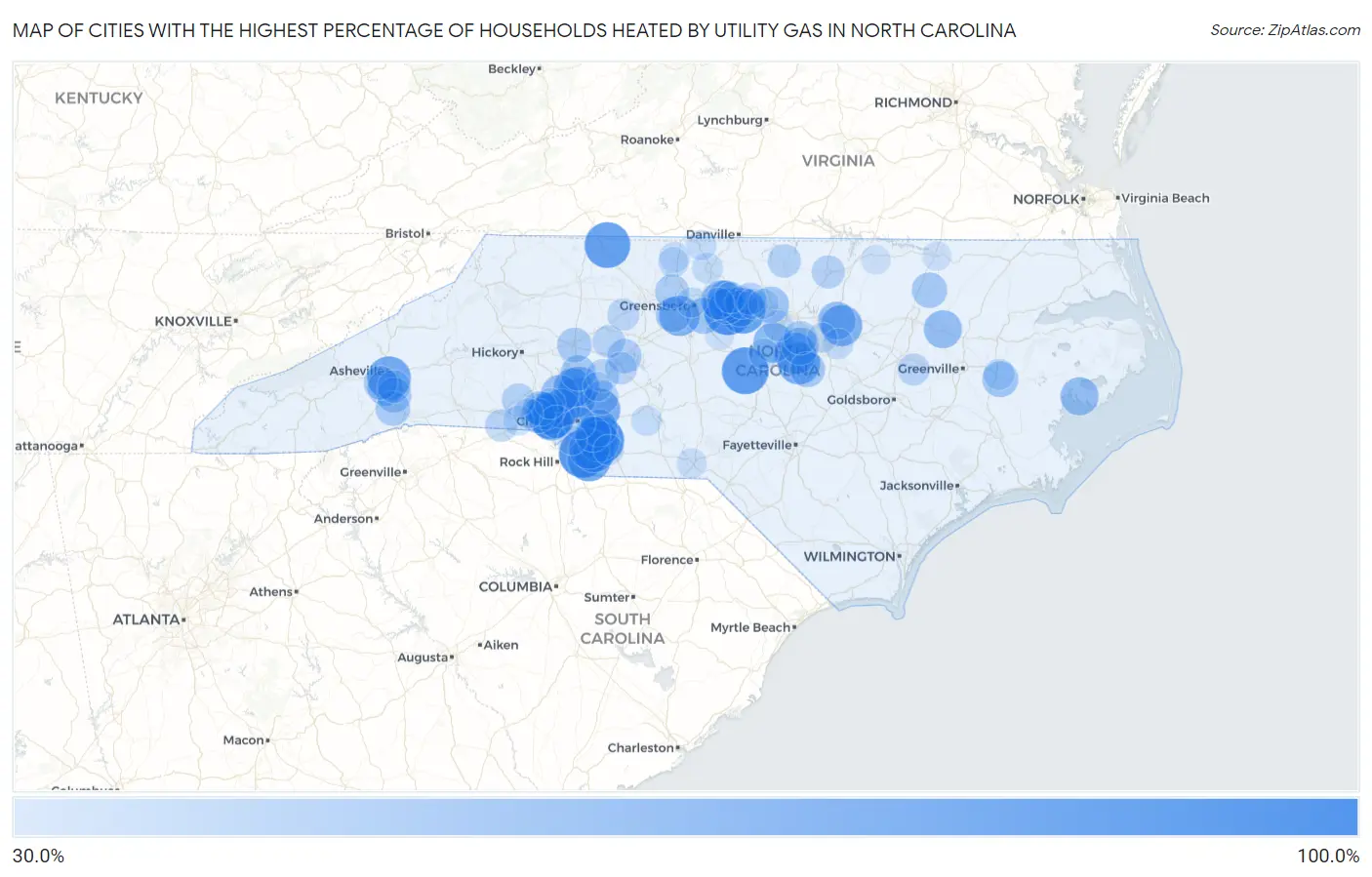 Cities with the Highest Percentage of Households Heated by Utility Gas in North Carolina Map