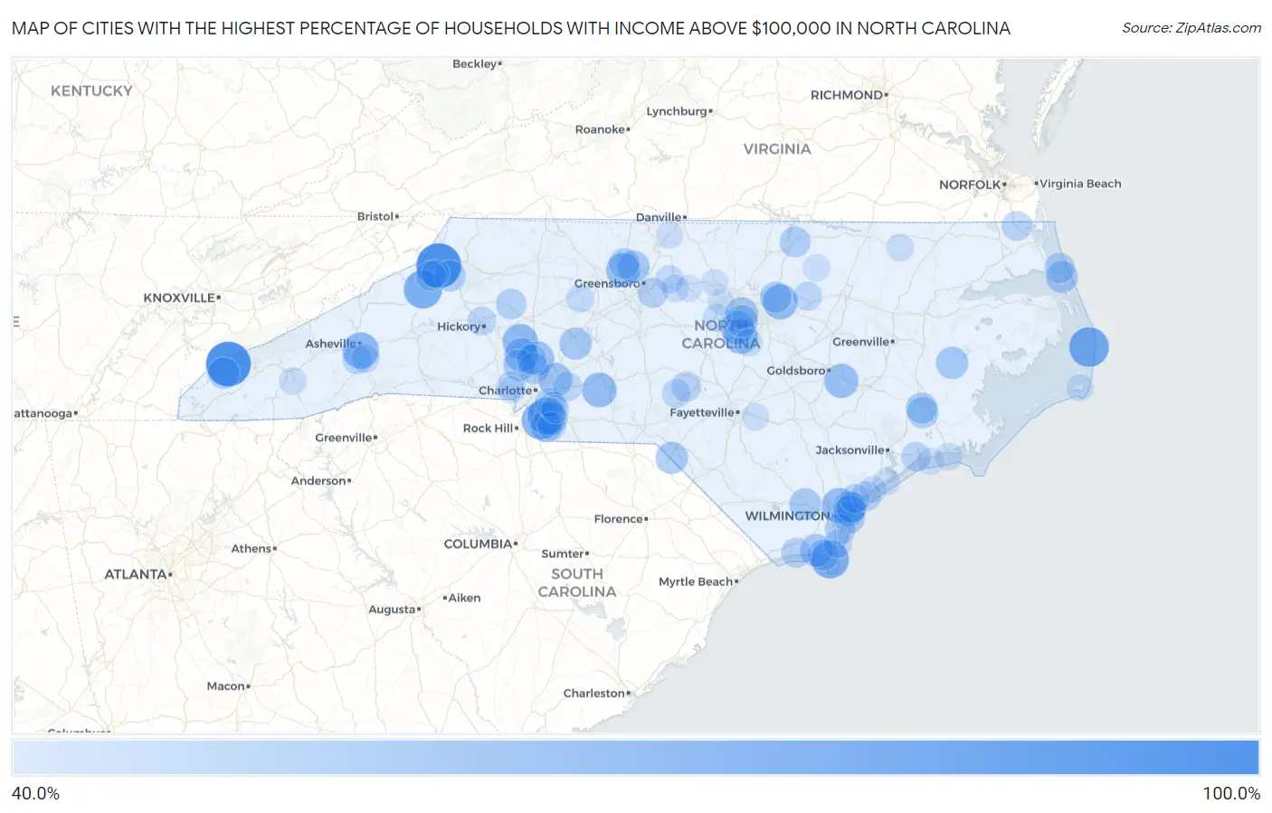 Cities with the Highest Percentage of Households with Income Above $100,000 in North Carolina Map