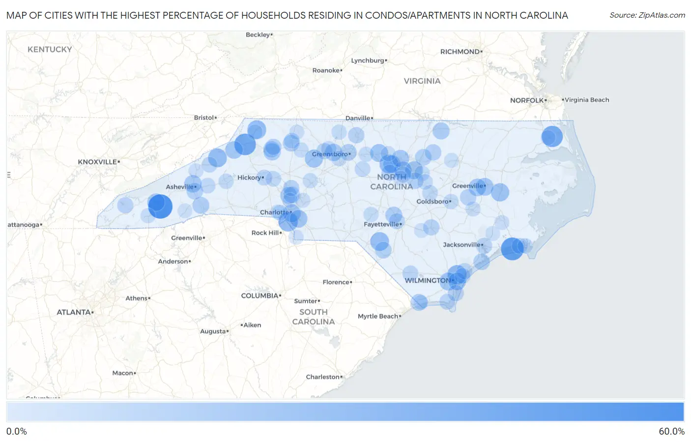 Cities with the Highest Percentage of Households Residing in Condos/Apartments in North Carolina Map
