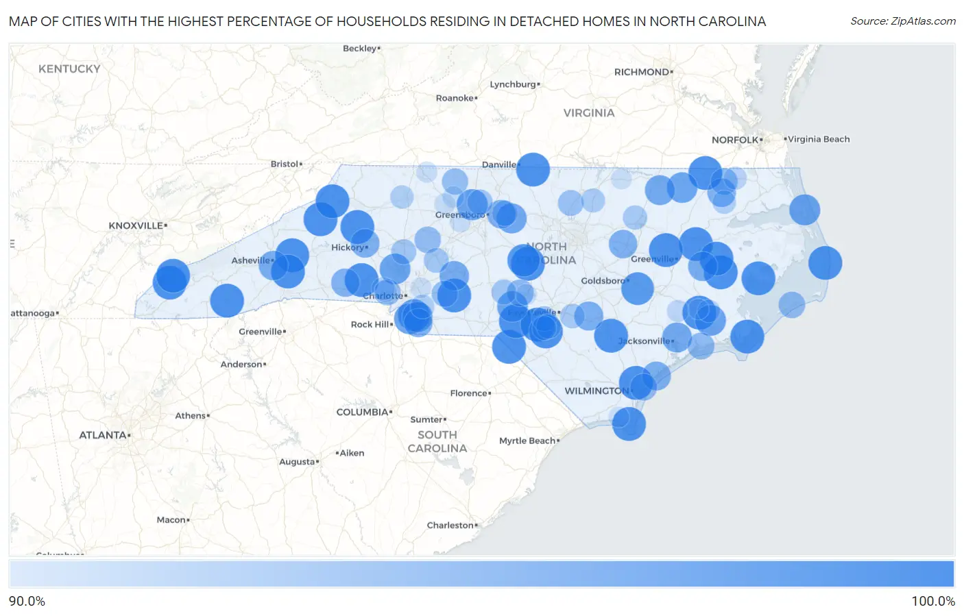 Cities with the Highest Percentage of Households Residing in Detached Homes in North Carolina Map