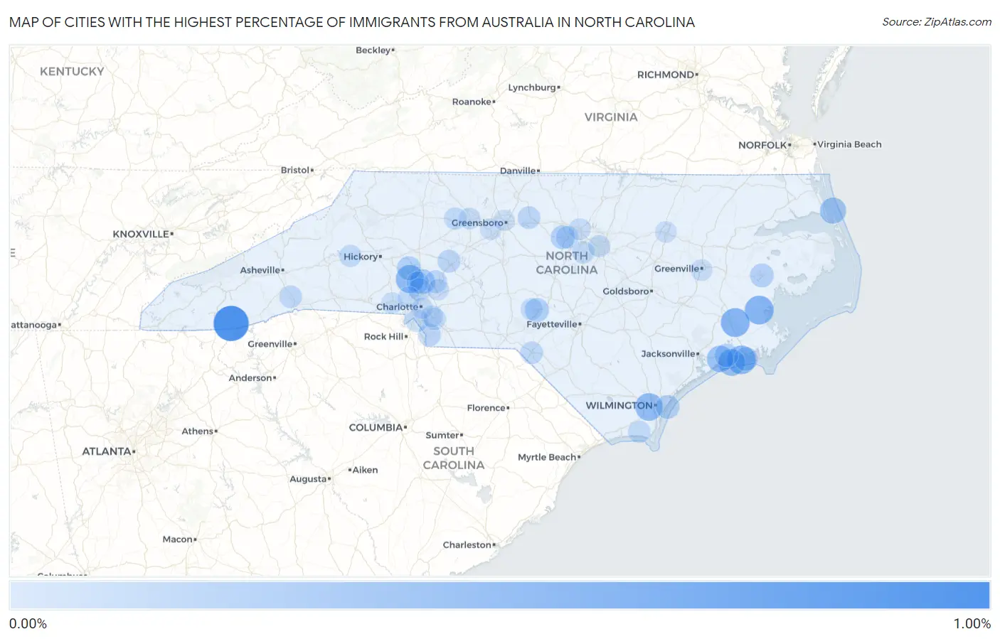 Cities with the Highest Percentage of Immigrants from Australia in North Carolina Map