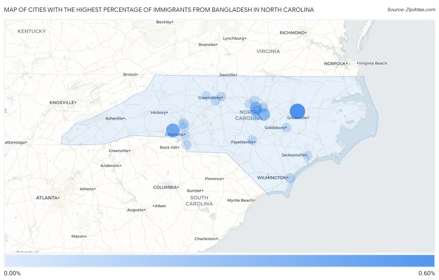 Cities with the Highest Percentage of Immigrants from Bangladesh in North Carolina Map