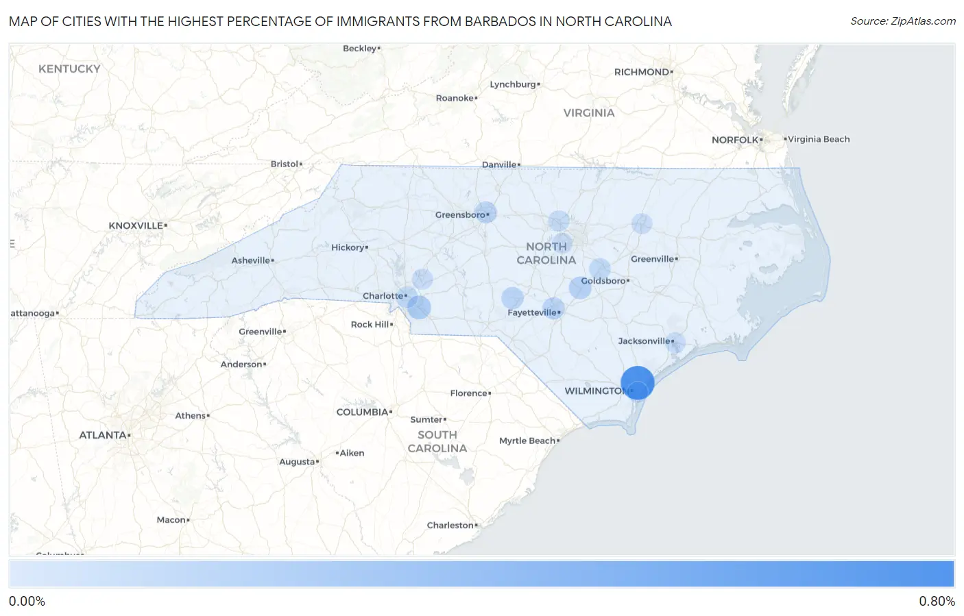 Cities with the Highest Percentage of Immigrants from Barbados in North Carolina Map