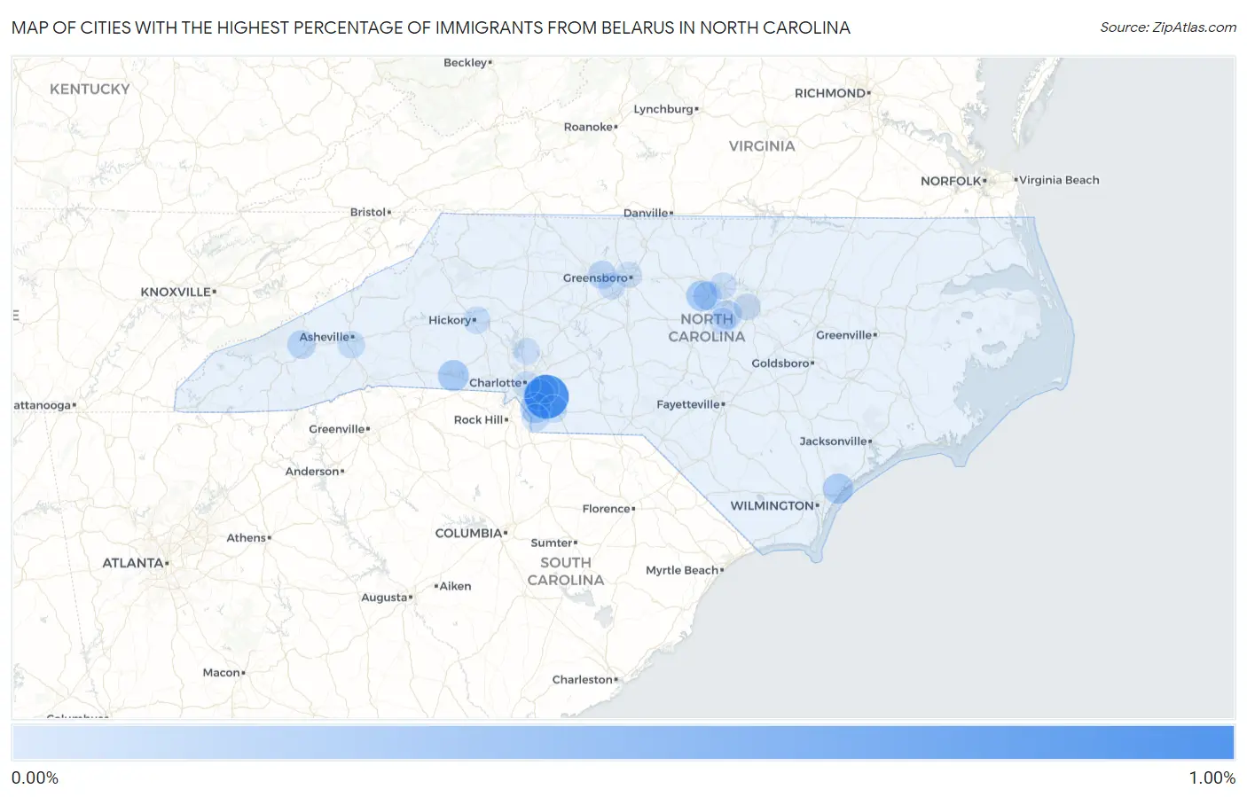 Cities with the Highest Percentage of Immigrants from Belarus in North Carolina Map