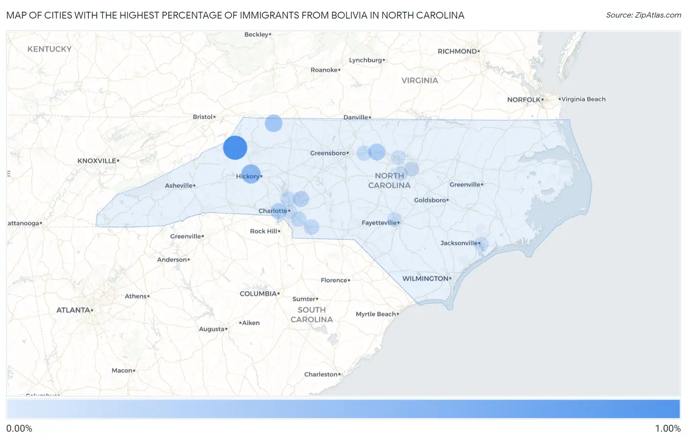 Cities with the Highest Percentage of Immigrants from Bolivia in North Carolina Map