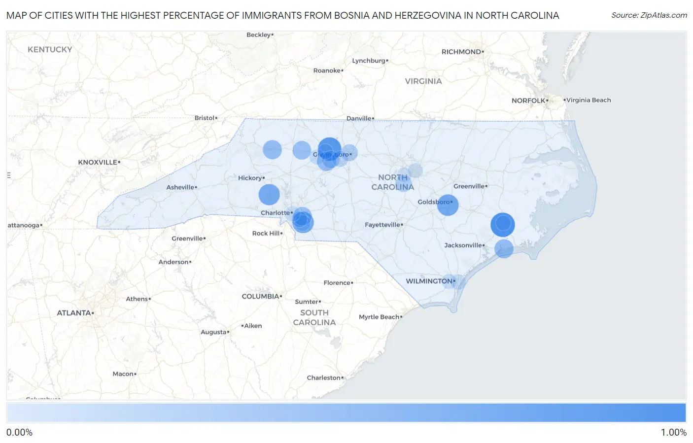 Cities with the Highest Percentage of Immigrants from Bosnia and Herzegovina in North Carolina Map
