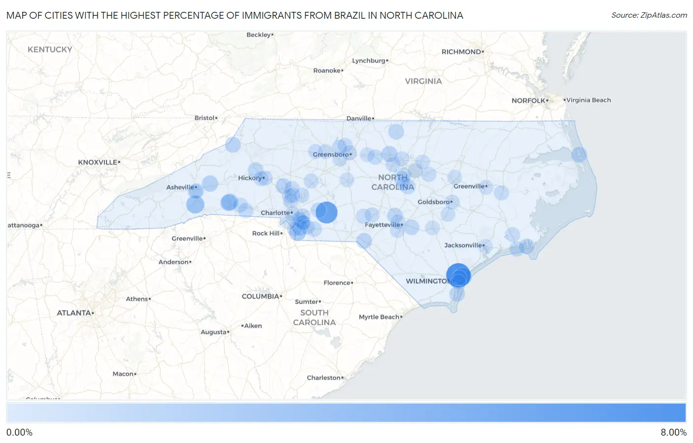 Cities with the Highest Percentage of Immigrants from Brazil in North Carolina Map