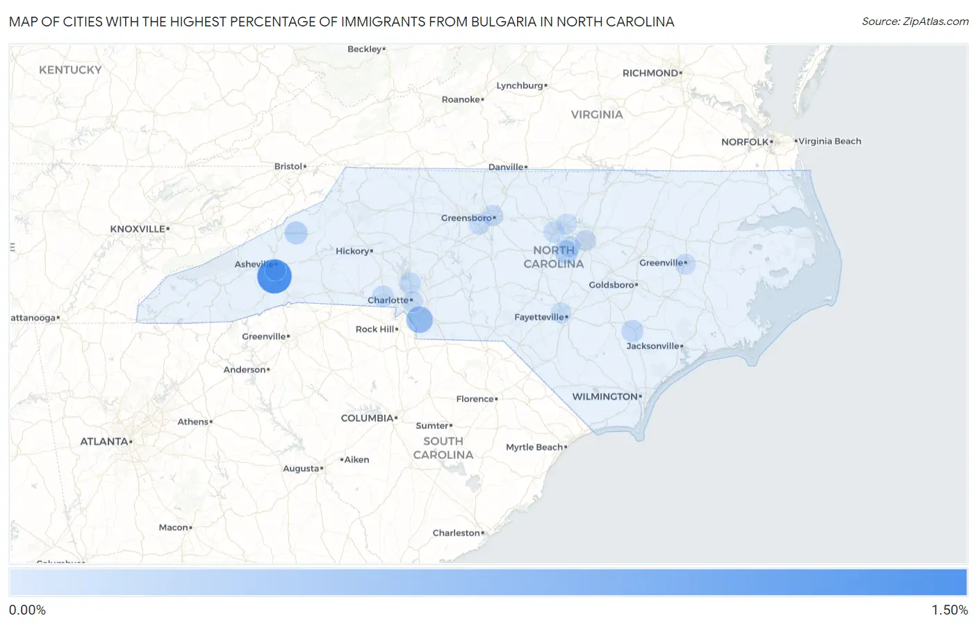Cities with the Highest Percentage of Immigrants from Bulgaria in North Carolina Map