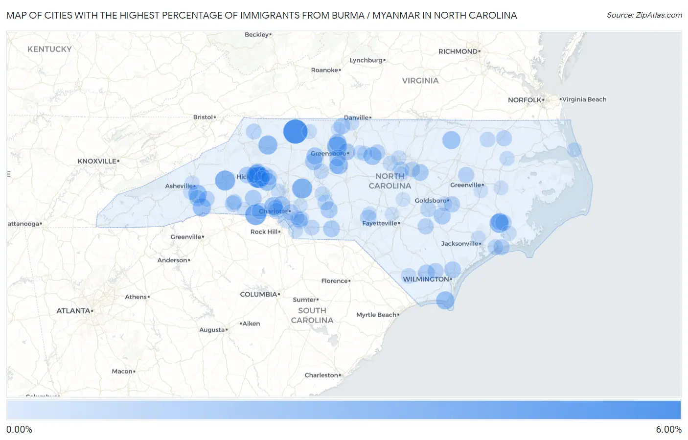 Cities with the Highest Percentage of Immigrants from Burma / Myanmar in North Carolina Map