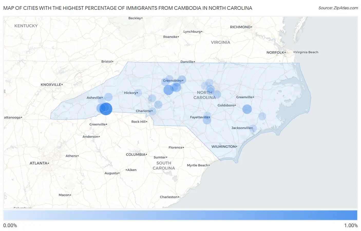 Cities with the Highest Percentage of Immigrants from Cambodia in North Carolina Map