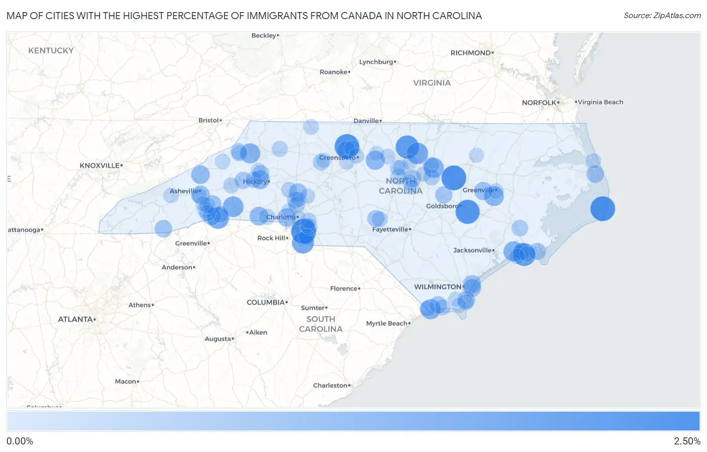 Cities with the Highest Percentage of Immigrants from Canada in North Carolina Map