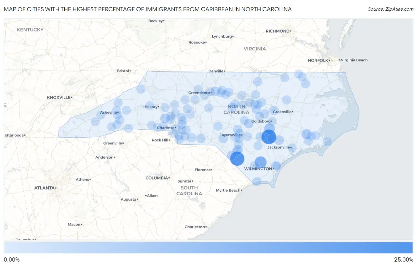 Cities with the Highest Percentage of Immigrants from Caribbean in North Carolina Map