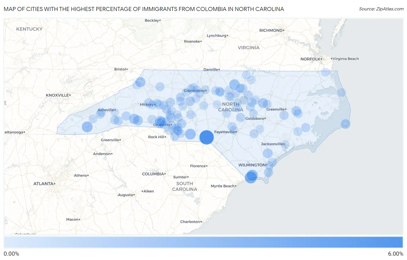 Cities with the Highest Percentage of Immigrants from Colombia in North Carolina Map