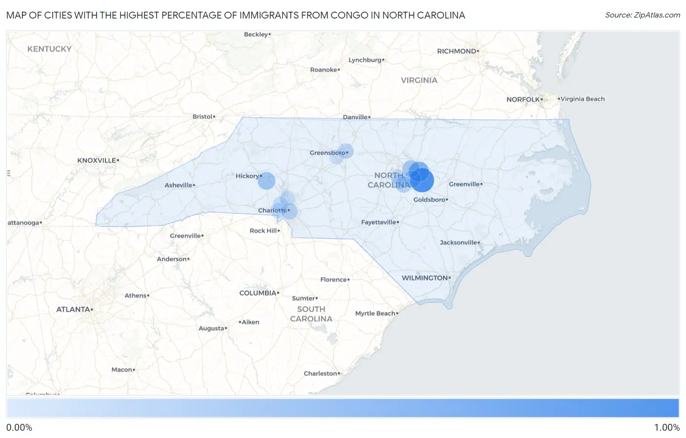 Cities with the Highest Percentage of Immigrants from Congo in North Carolina Map