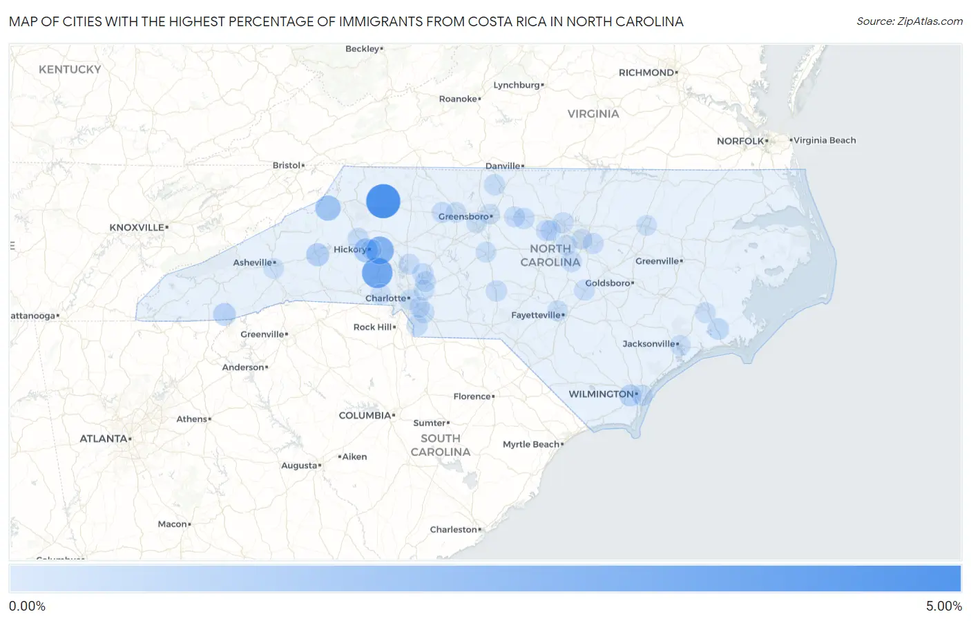 Cities with the Highest Percentage of Immigrants from Costa Rica in North Carolina Map