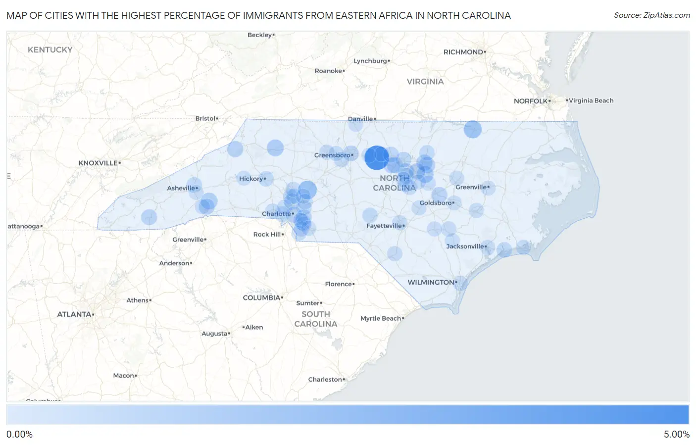 Cities with the Highest Percentage of Immigrants from Eastern Africa in North Carolina Map