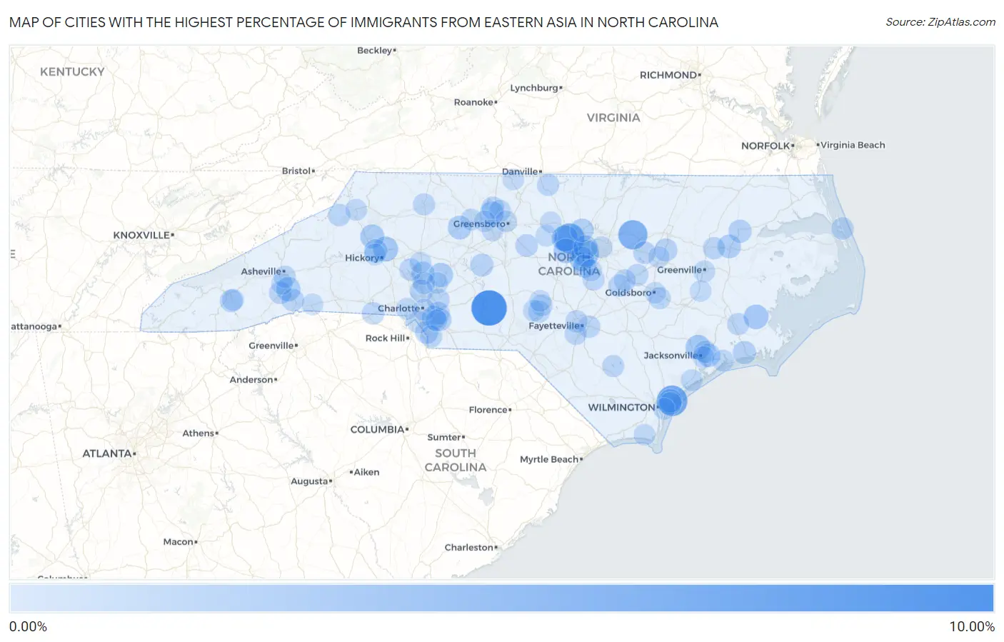 Cities with the Highest Percentage of Immigrants from Eastern Asia in North Carolina Map
