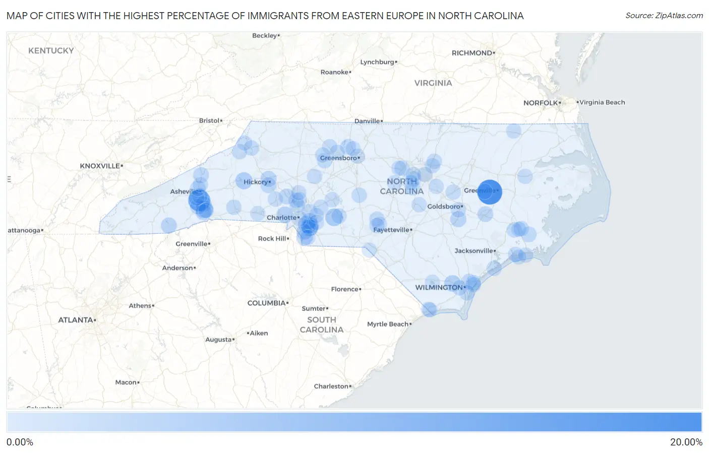 Cities with the Highest Percentage of Immigrants from Eastern Europe in North Carolina Map