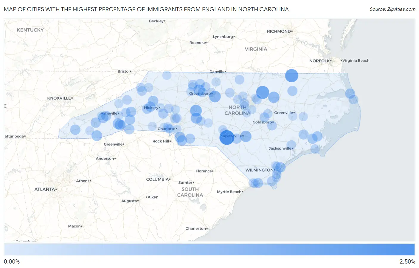 Cities with the Highest Percentage of Immigrants from England in North Carolina Map