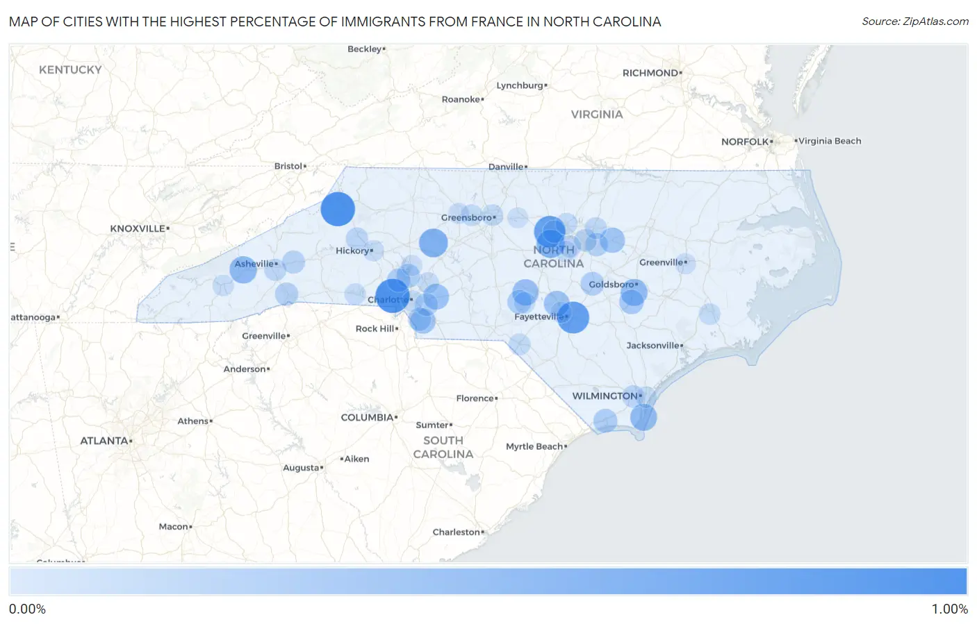 Cities with the Highest Percentage of Immigrants from France in North Carolina Map