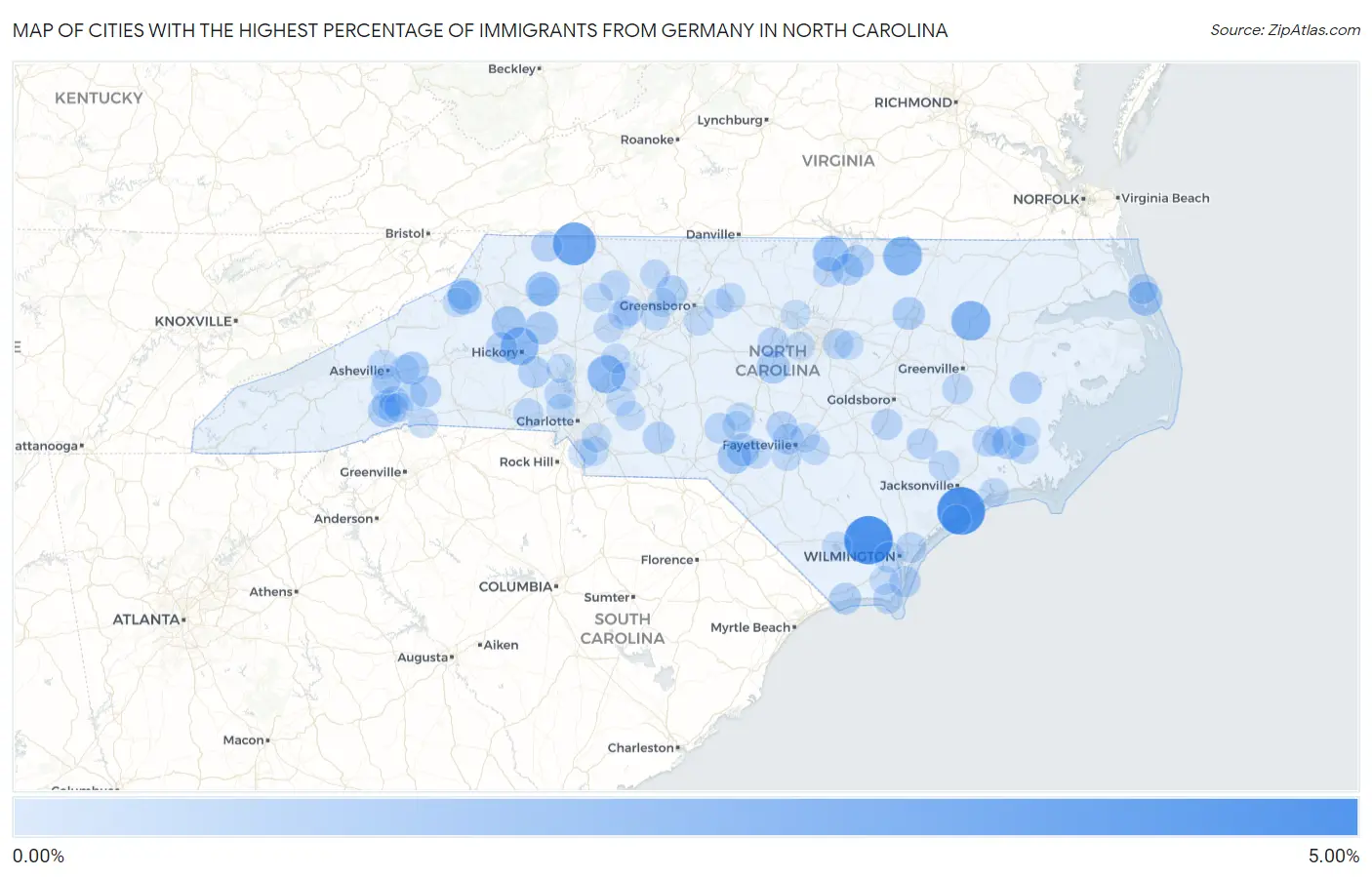 Cities with the Highest Percentage of Immigrants from Germany in North Carolina Map