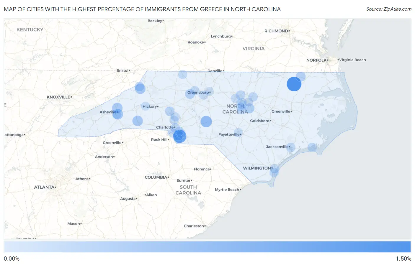 Cities with the Highest Percentage of Immigrants from Greece in North Carolina Map