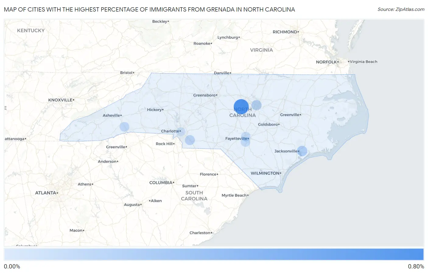 Cities with the Highest Percentage of Immigrants from Grenada in North Carolina Map