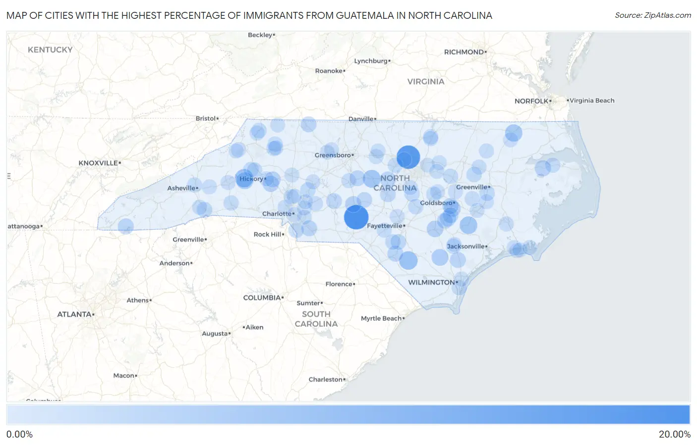 Cities with the Highest Percentage of Immigrants from Guatemala in North Carolina Map