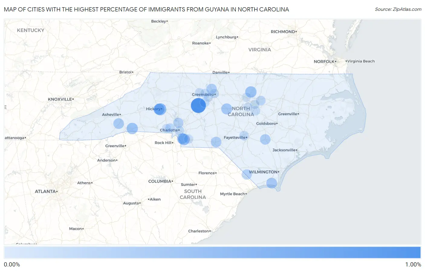 Cities with the Highest Percentage of Immigrants from Guyana in North Carolina Map