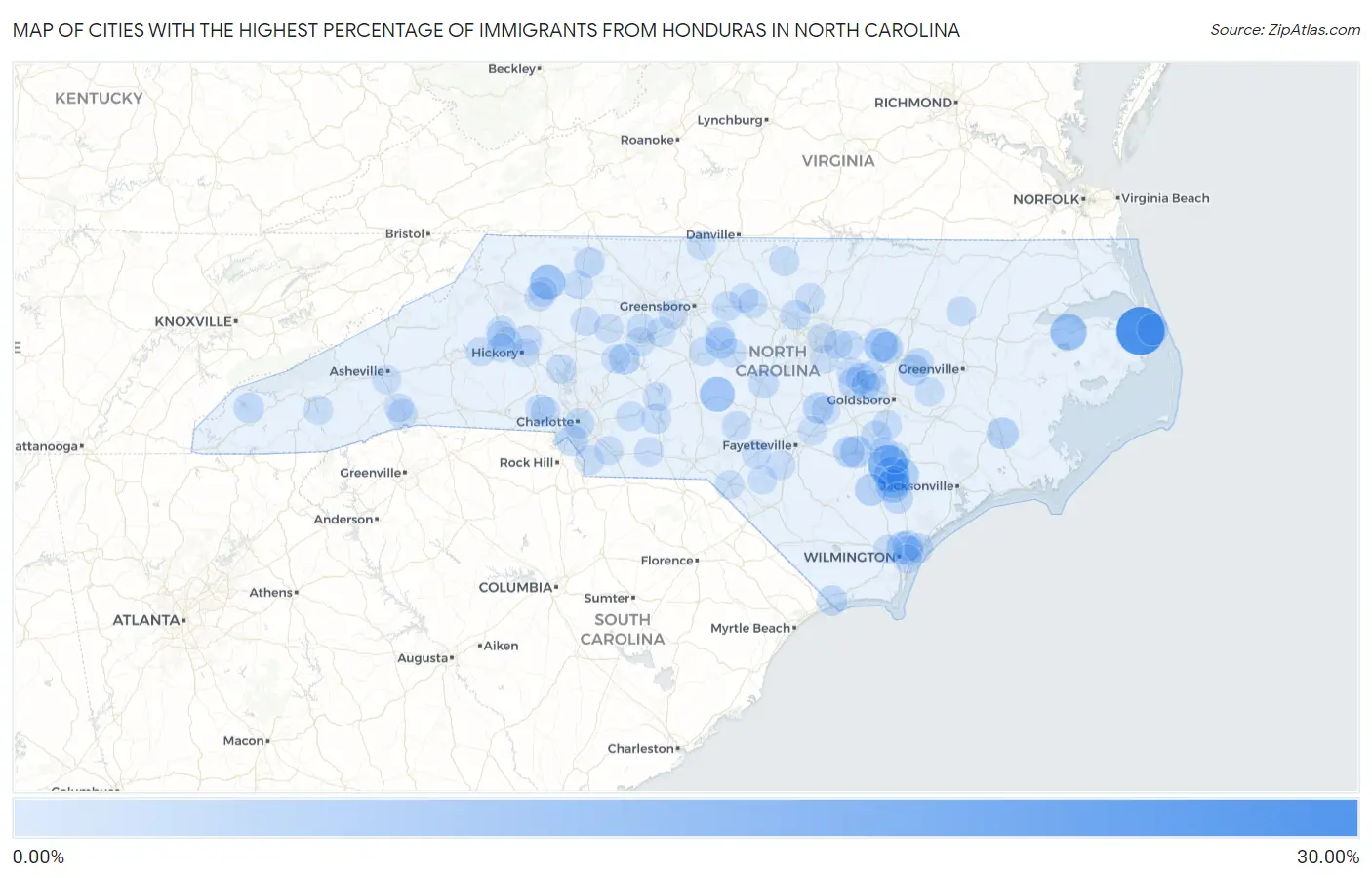 Cities with the Highest Percentage of Immigrants from Honduras in North Carolina Map