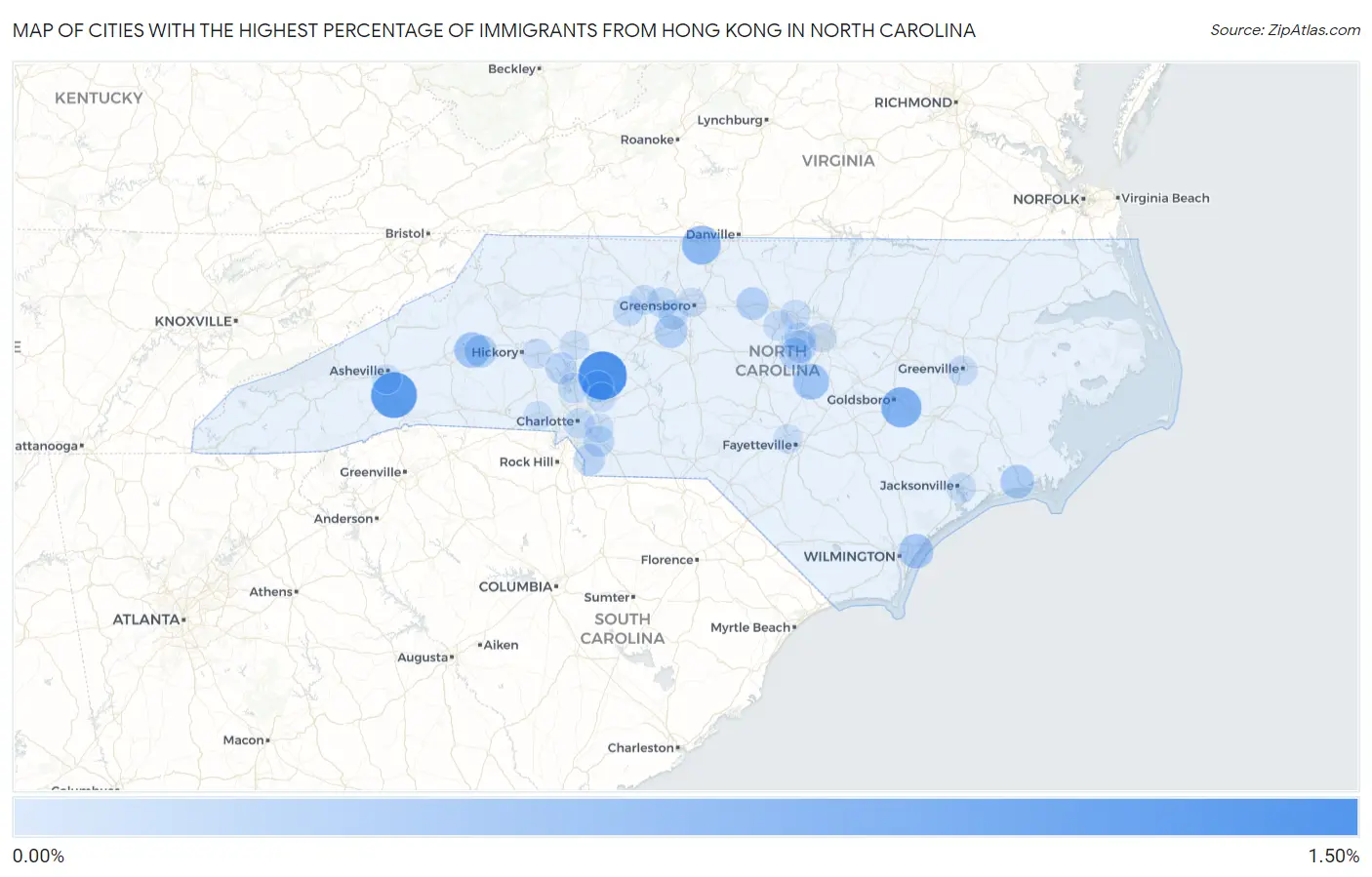 Cities with the Highest Percentage of Immigrants from Hong Kong in North Carolina Map