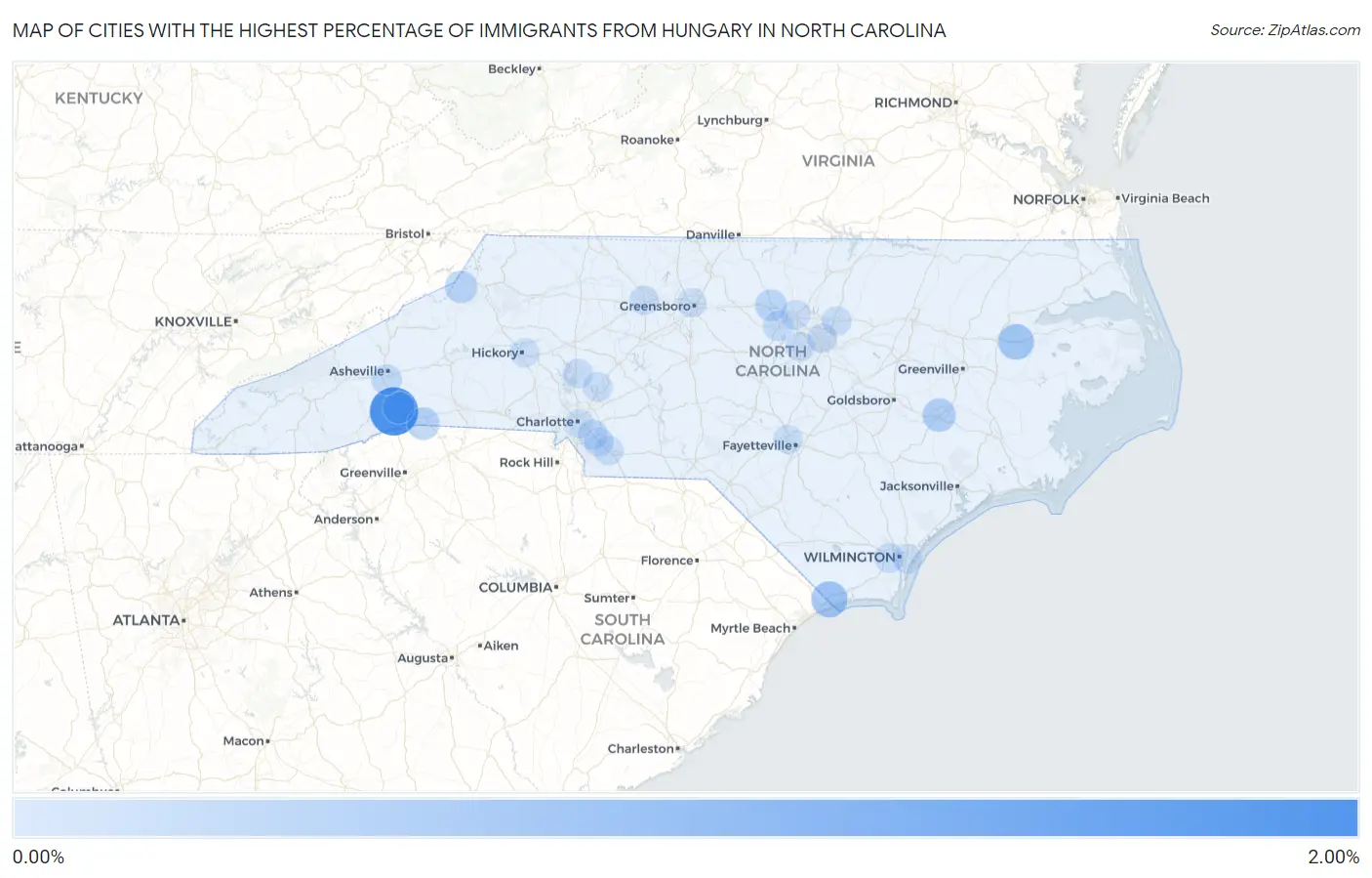 Cities with the Highest Percentage of Immigrants from Hungary in North Carolina Map