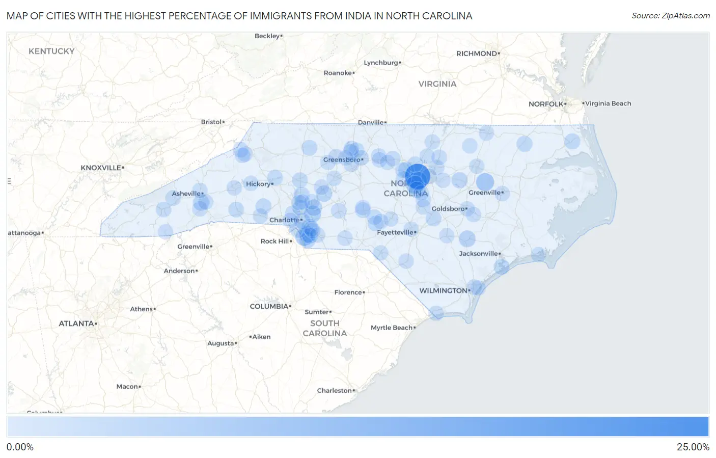Cities with the Highest Percentage of Immigrants from India in North Carolina Map