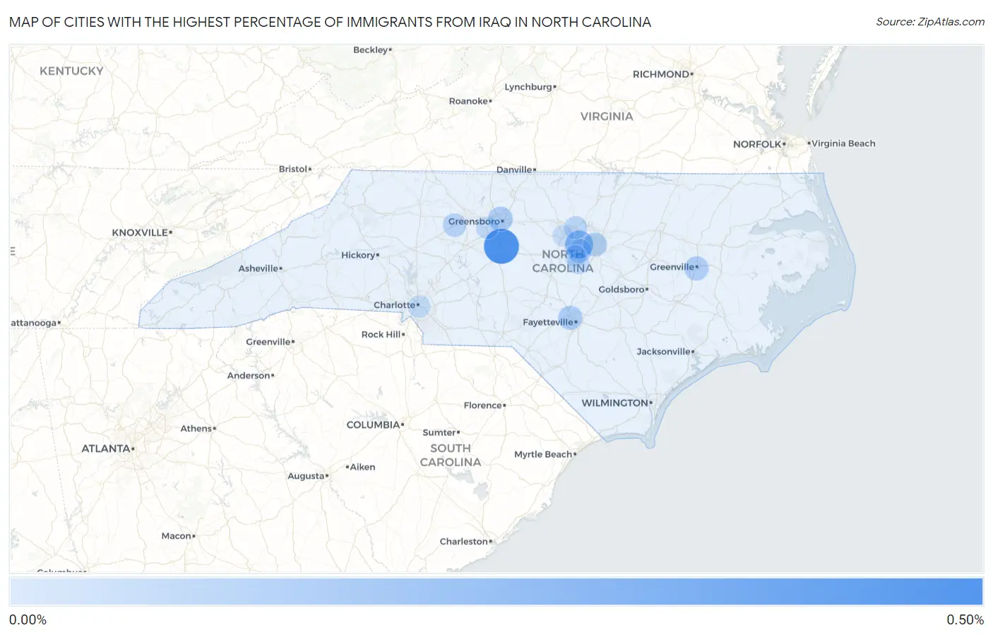 Cities with the Highest Percentage of Immigrants from Iraq in North Carolina Map