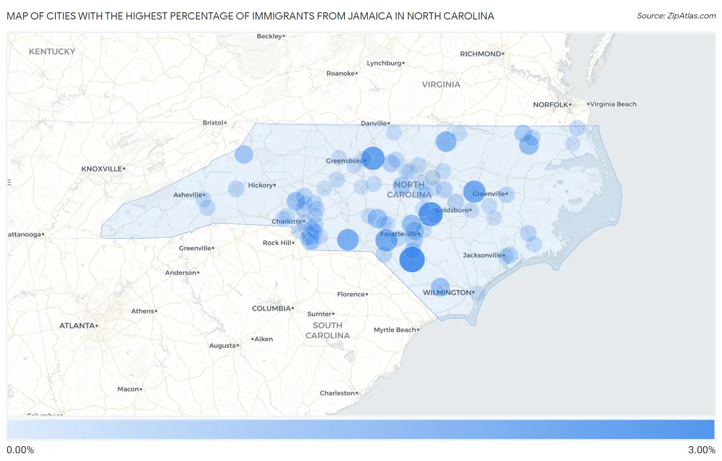 Cities with the Highest Percentage of Immigrants from Jamaica in North Carolina Map