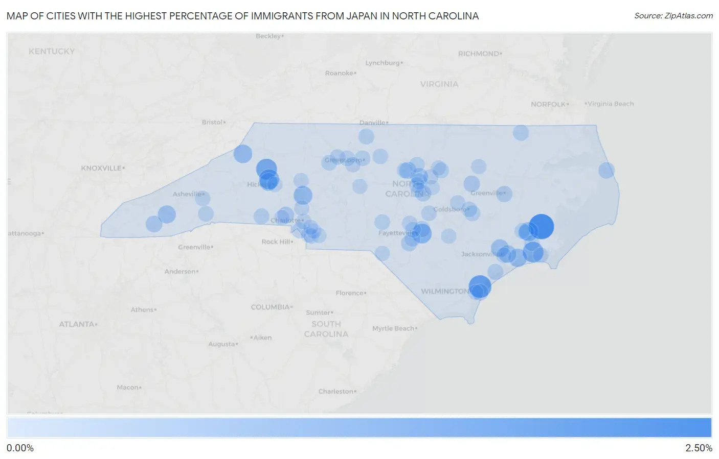 Cities with the Highest Percentage of Immigrants from Japan in North Carolina Map