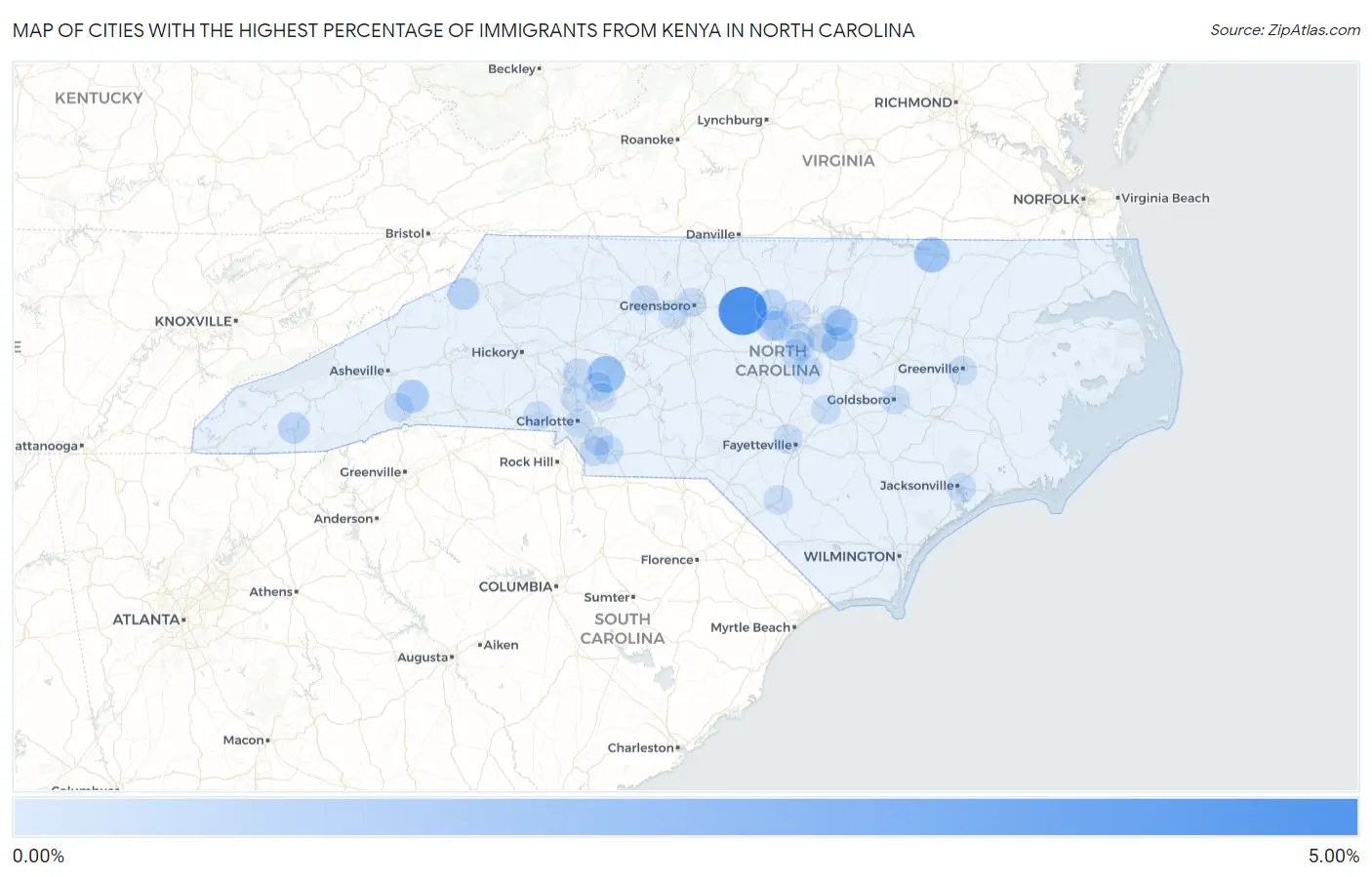 Cities with the Highest Percentage of Immigrants from Kenya in North Carolina Map