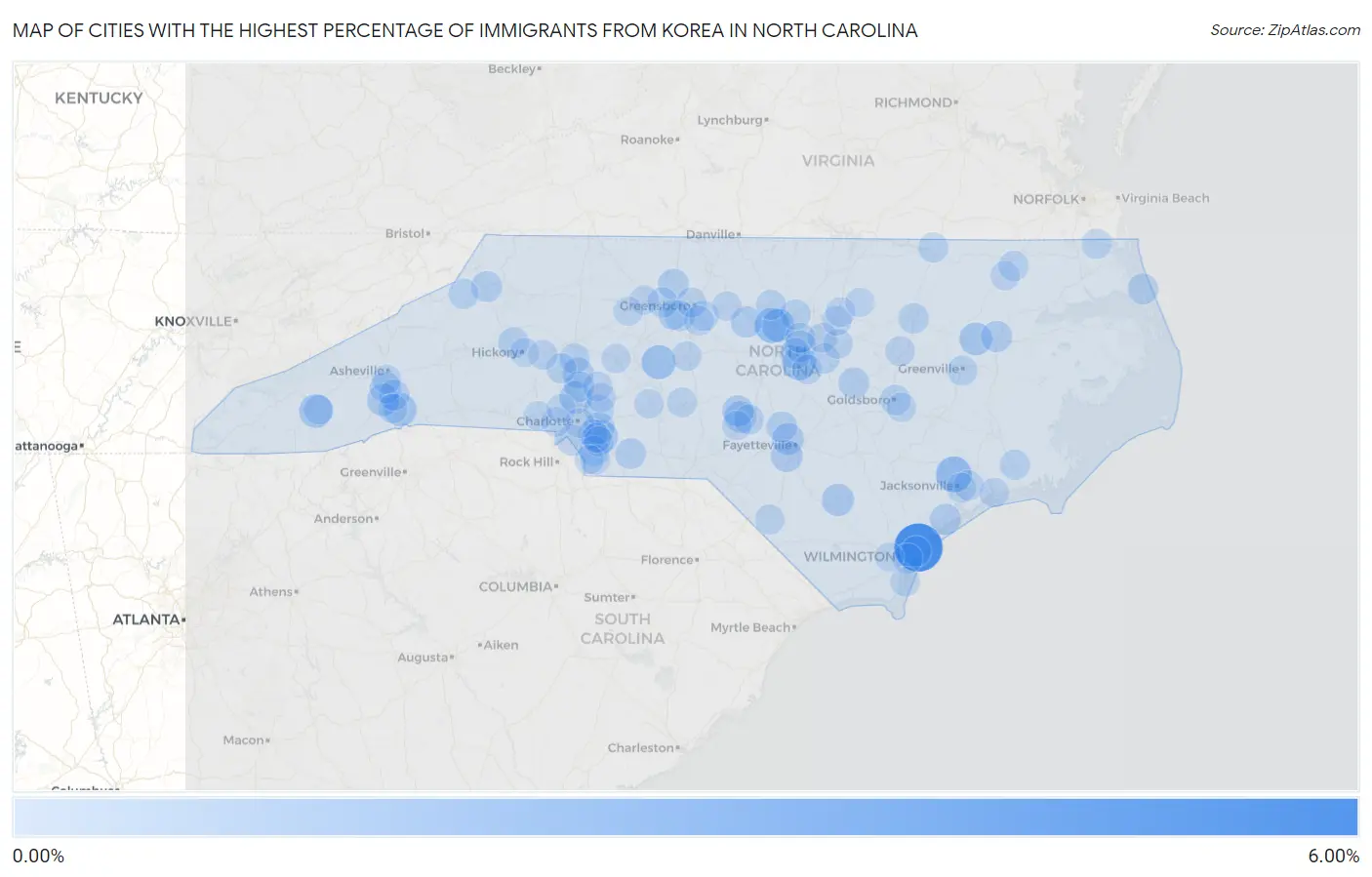 Cities with the Highest Percentage of Immigrants from Korea in North Carolina Map