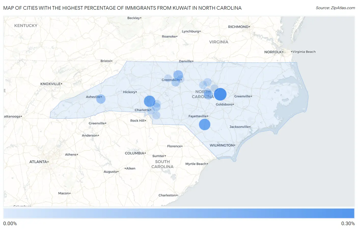 Cities with the Highest Percentage of Immigrants from Kuwait in North Carolina Map