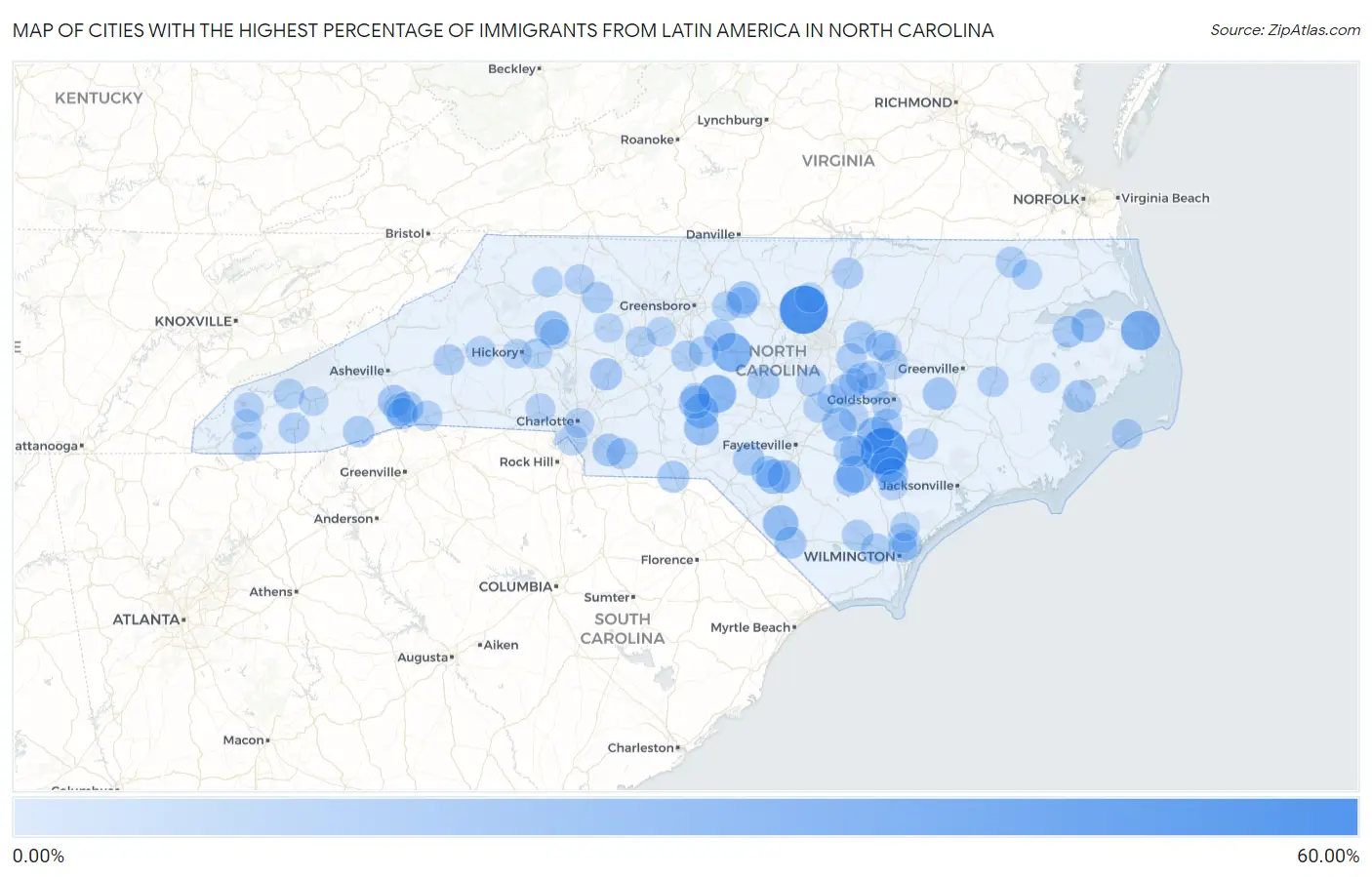 Cities with the Highest Percentage of Immigrants from Latin America in North Carolina Map